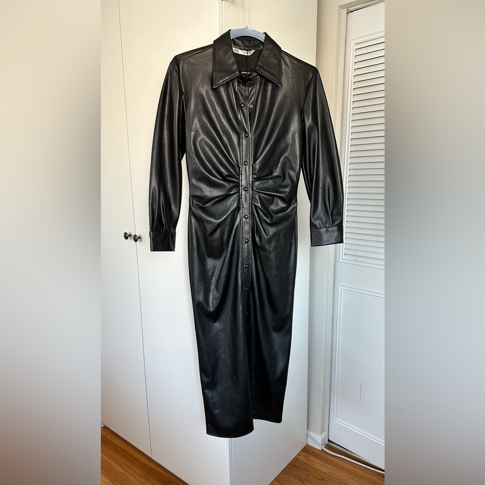 Black Faux Leather Button-Front Midi Dress